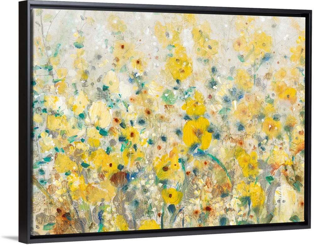 A contemporary painting displaying flowers and plants that are represented in mostly yellow tones.