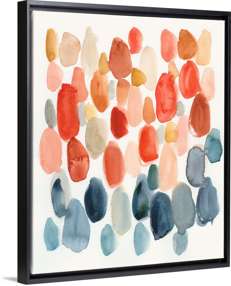 Watercolor abstract with oblong shapes in indigo, coral, and orange colors on a white background.