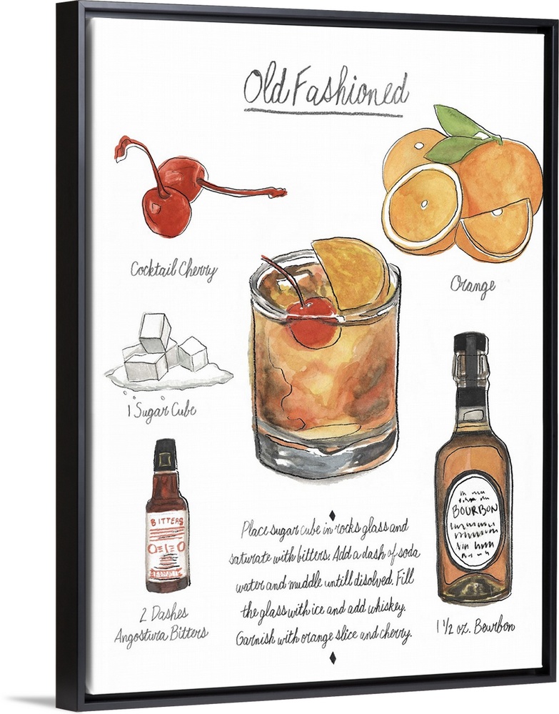 Contemporary artwork of a cocktail recipe showing illustrated ingredients against a white background.