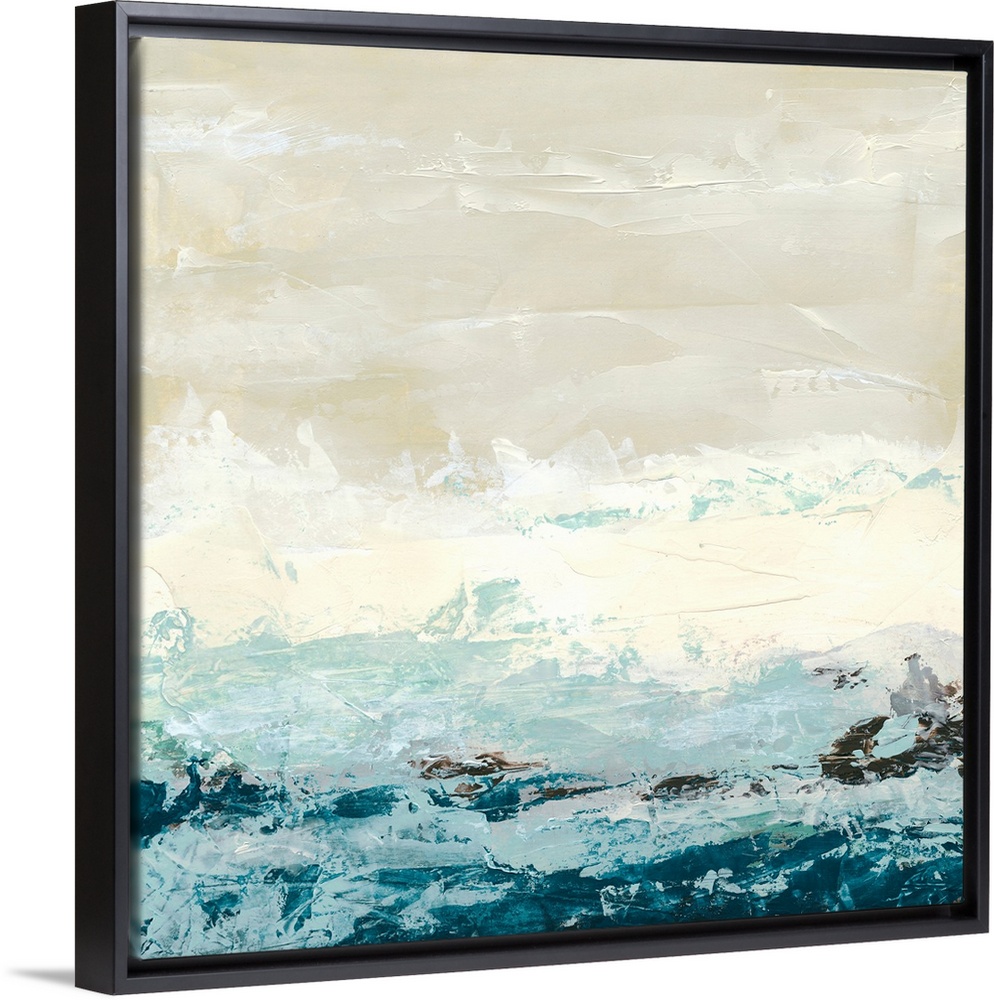 Square abstract painting of an ocean made up of large brush strokes.