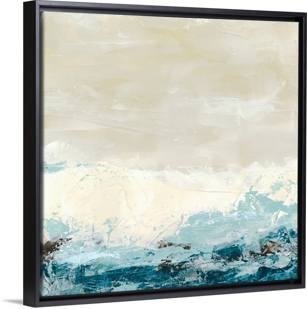 Square, large contemporary painting of sand colored background covered at the bottom by chaotic, ocean colored paint splat...