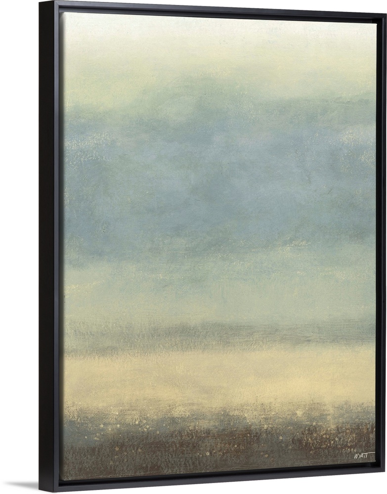 Contemporary abstract painting using pale blue and cream tones.