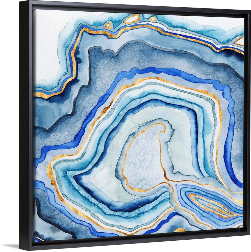 Abstract artwork in blue and gold layers resembling a cross section of an agate stone.
