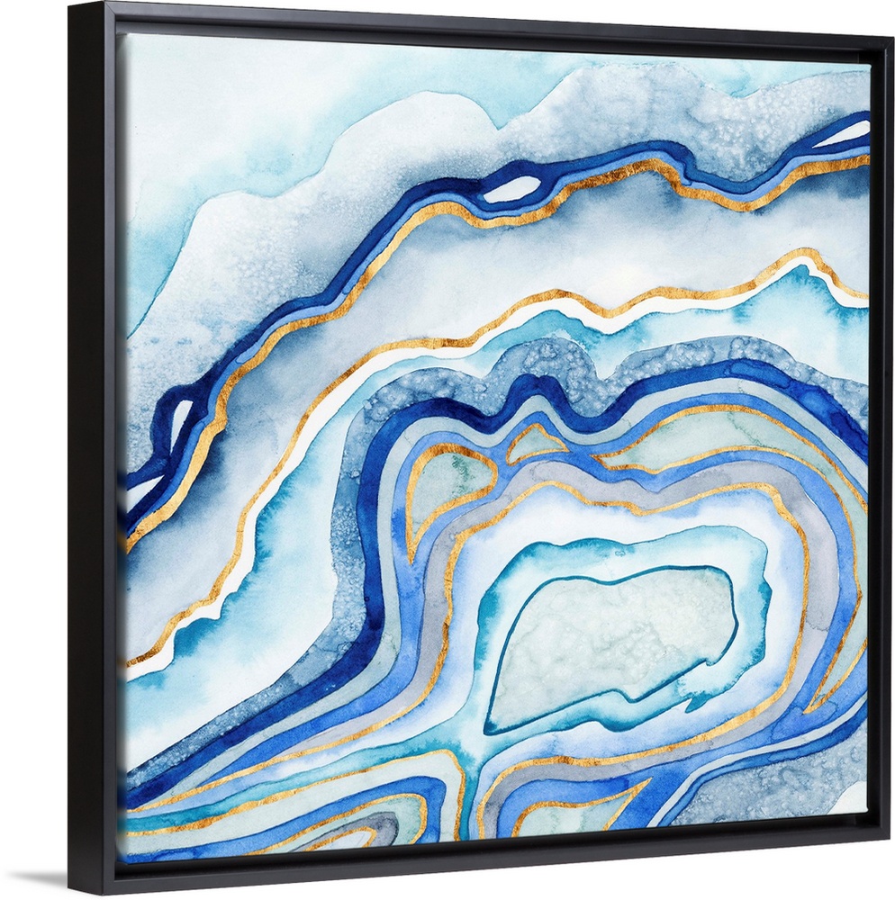 Abstract artwork in blue and gold layers resembling a cross section of an agate stone.