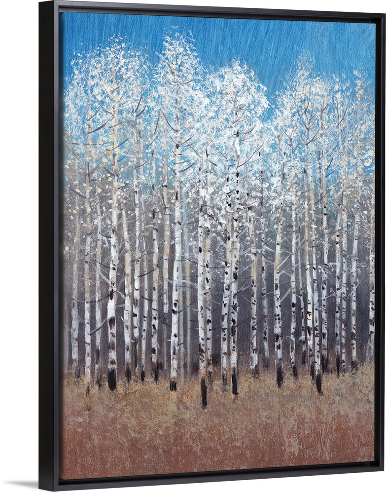 Contemporary painting of a forest of white birch trees under a blue sky.