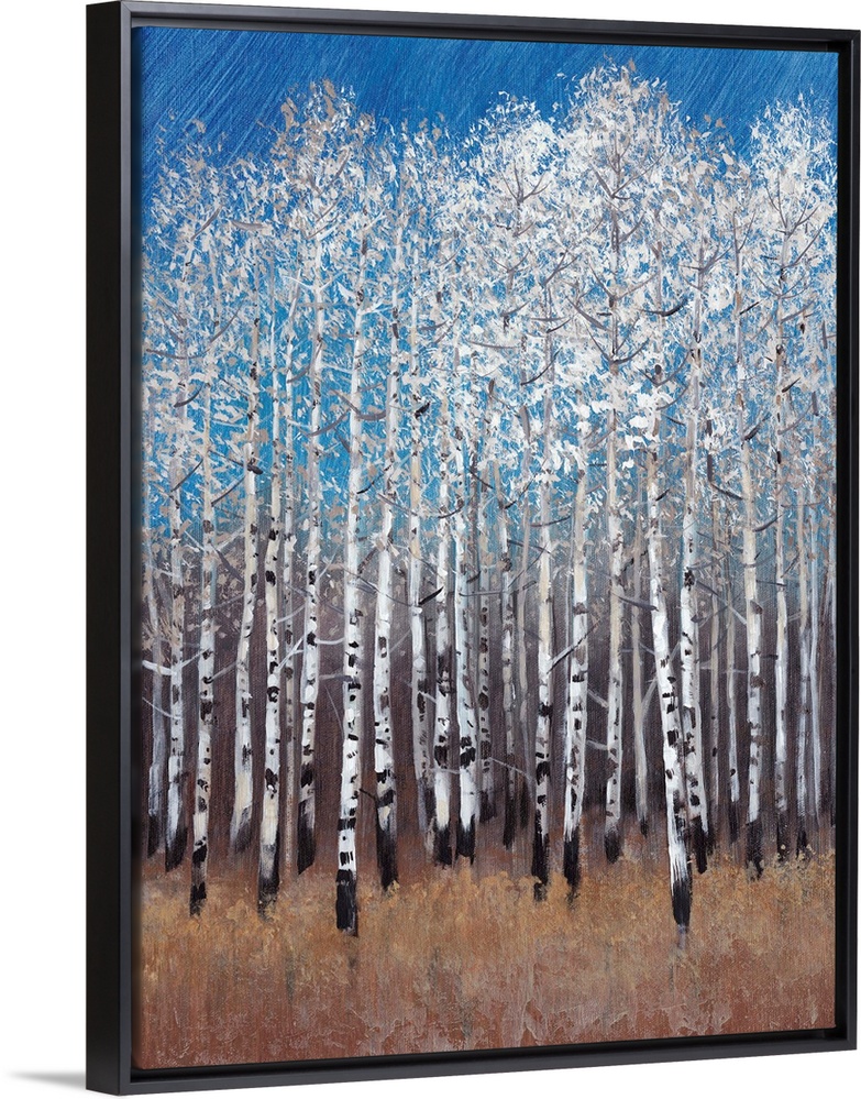 Contemporary painting of a forest of white birch trees under a blue sky.