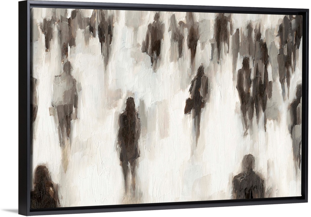 Abstracted figurative painting of a crowd of people commuting to and from work.