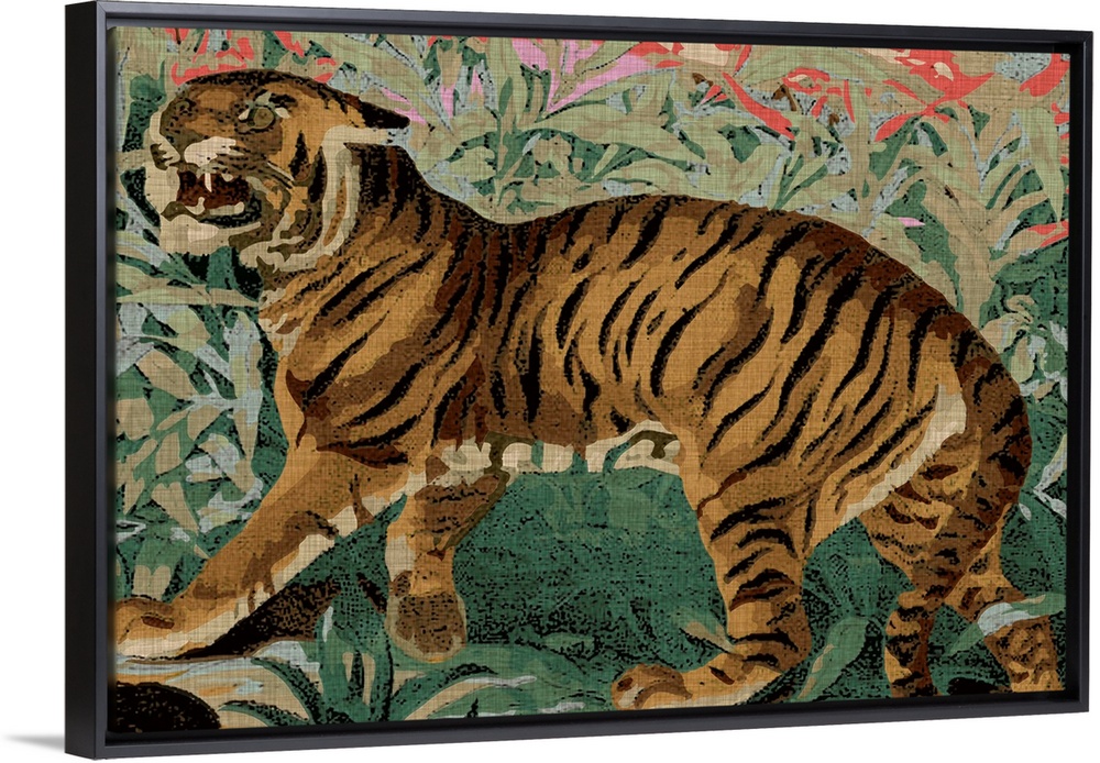 Bohemian painting of a tiger in front of a floral background.