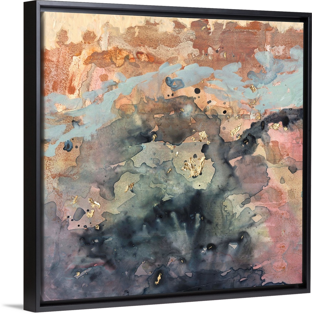Square abstract painting in blended colors of brown, pink, blue and gray with gold accents overlapping.