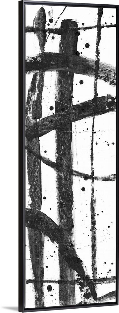 Contemporary abstract painting with criss-crossing black lines on a white background.