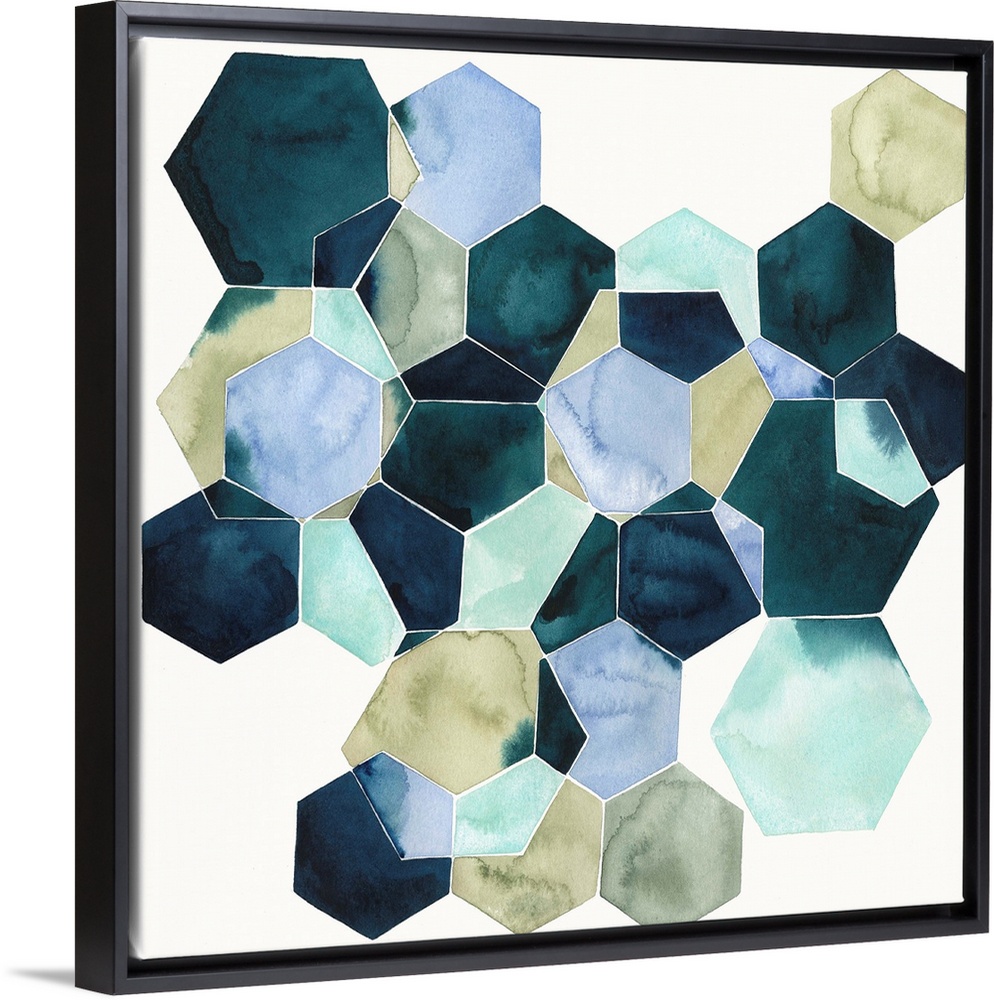 Watercolor geometric painting of intersecting hexagons in blue tones.