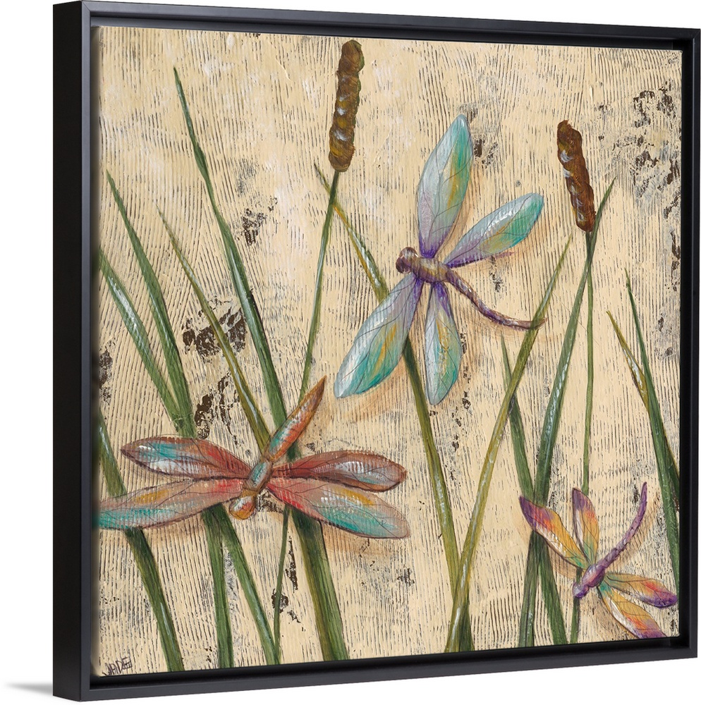 A transitional image of three jewel-toned dragonflies hovering among cattail grasses. This artwork would suit a traditiona...