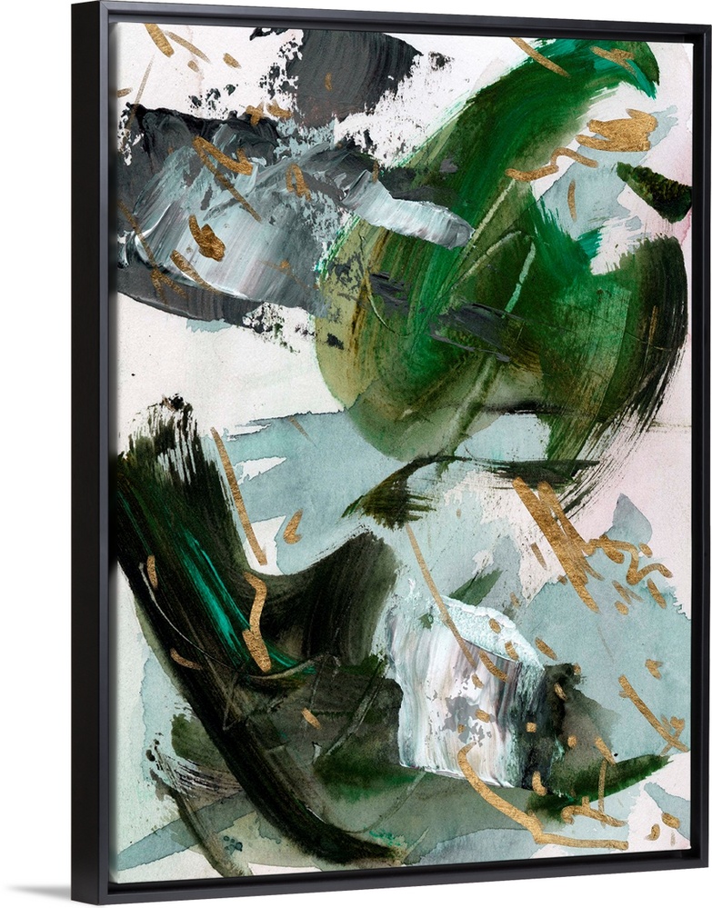 A bold, masculine abstract in shades of dark green and seafoam with gold accents. This contemporary piece would be a stand...