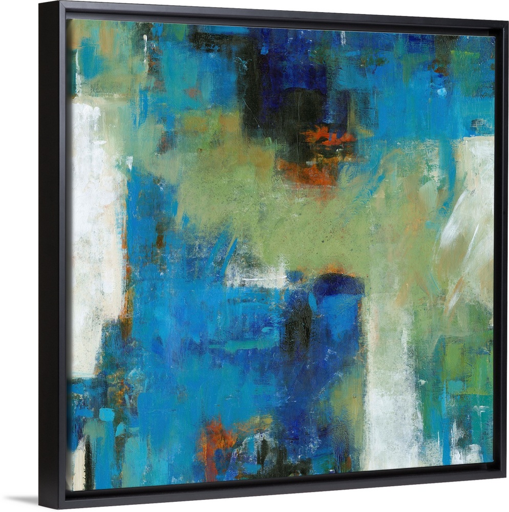 Contemporary abstract painting using vibrant blue and green tones.