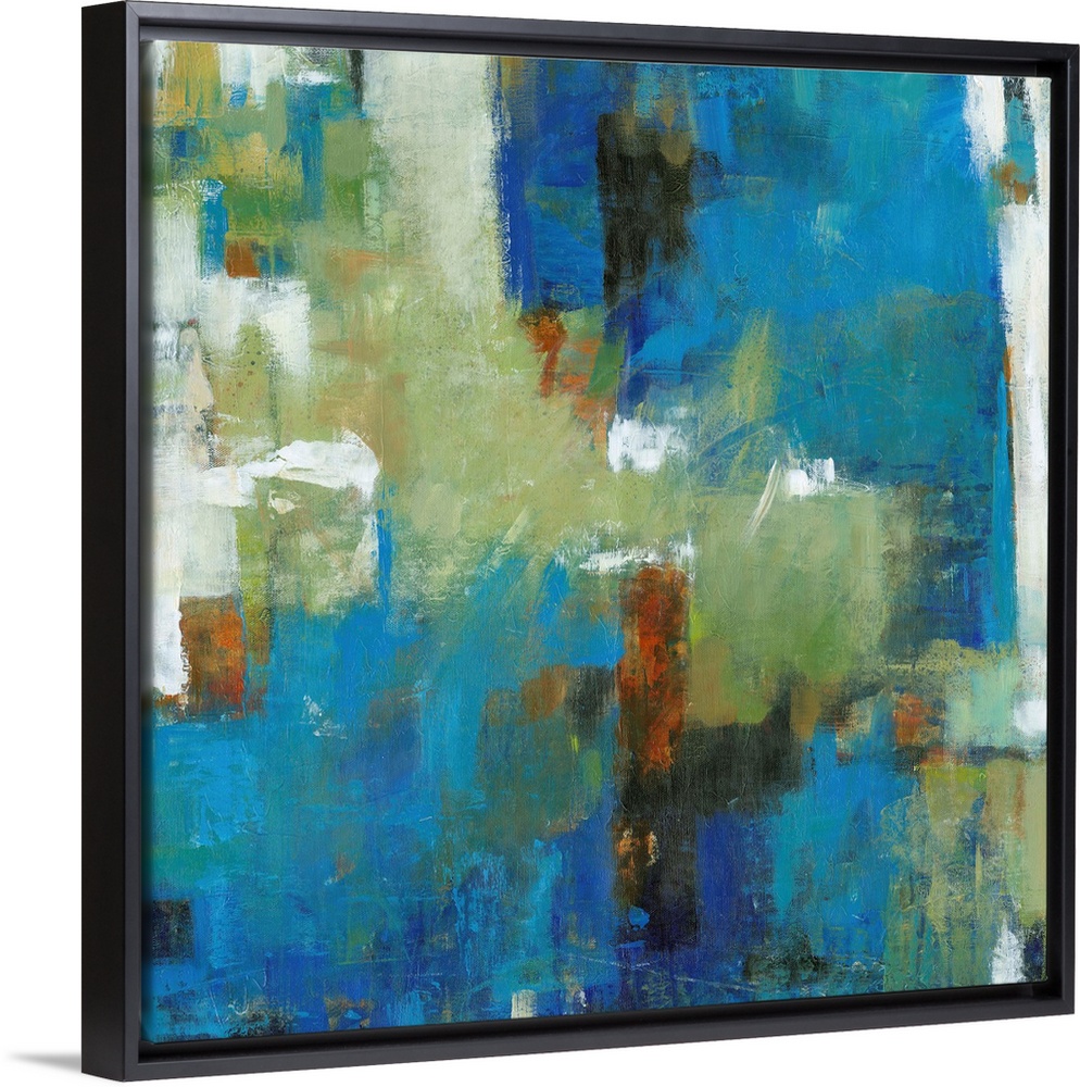 Contemporary abstract painting using vibrant blue and green tones.