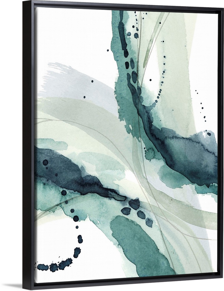 Contemporary watercolor painting of broad curved brushstrokes in teal and grey.