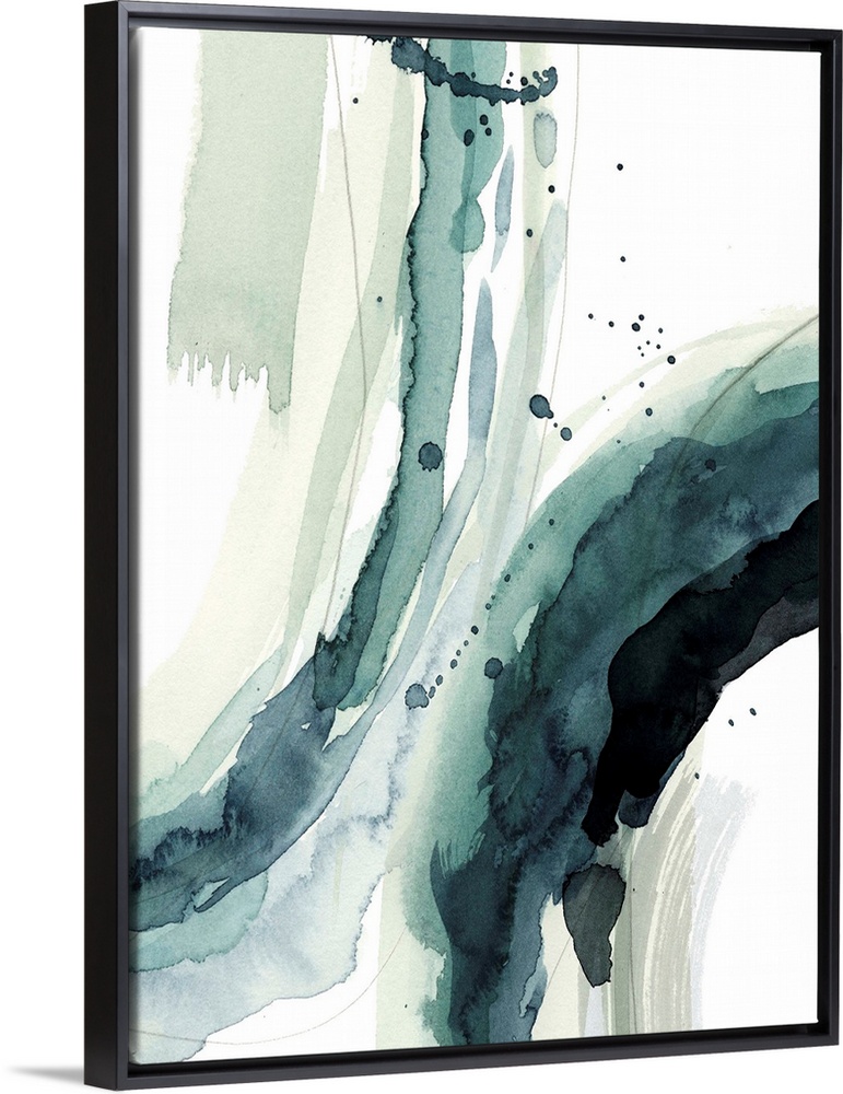 Contemporary watercolor painting of broad curved brushstrokes in teal and grey.