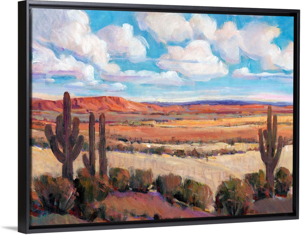 Contemporary landscape painting of a bright blue cloudy sky overlooking a desert.