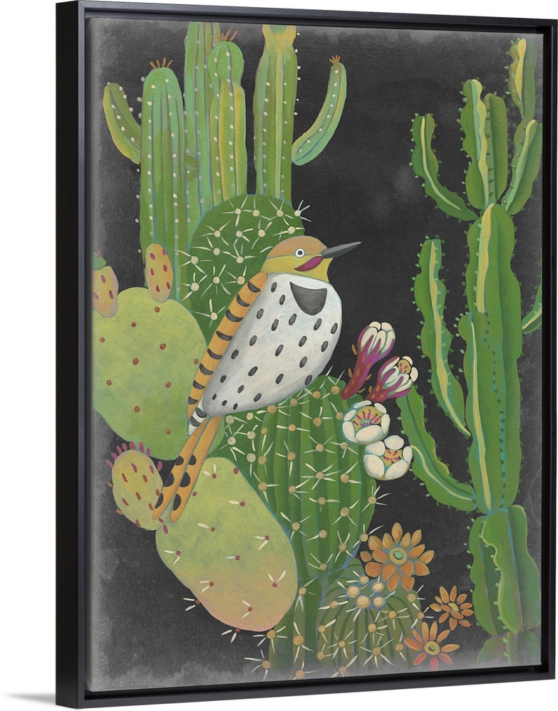 Contemporary Southwestern-themed artwork of a Gila Woodpecker on a cactus.