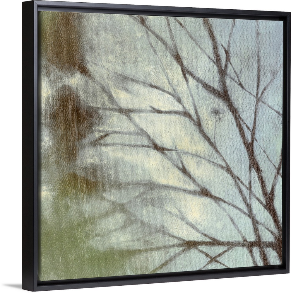 Square painting on canvas of tree branches.