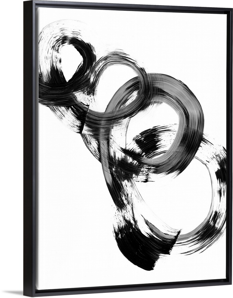 Contemporary abstract painting of interlocking circular shapes in black and white.