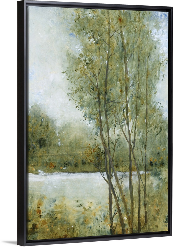 Contemporary painting of an idyllic countryside scene with trees and a river.