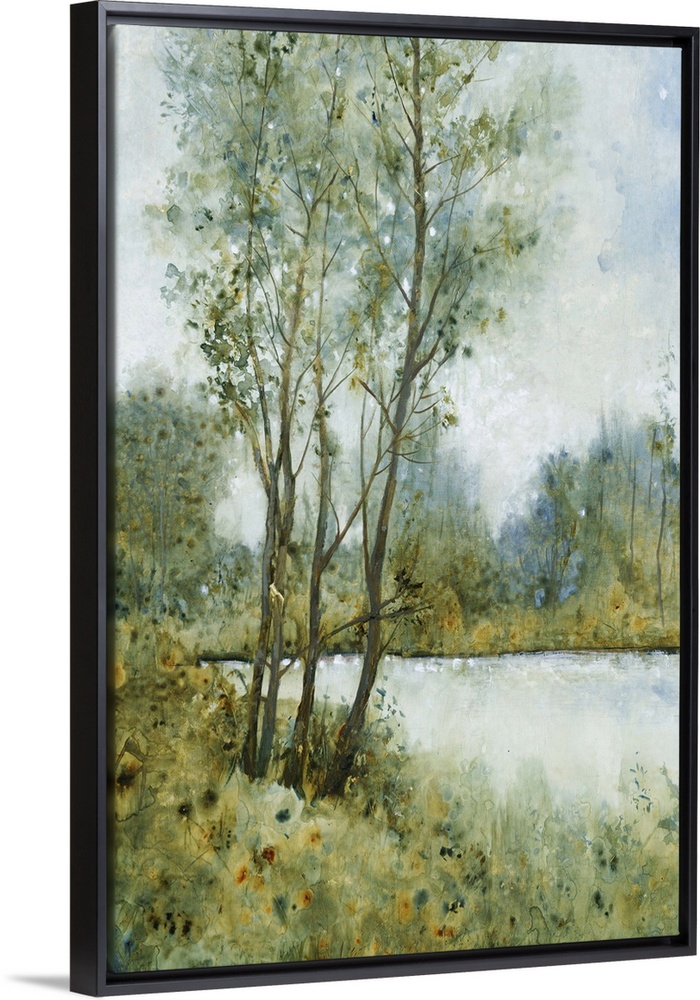 Contemporary painting of an idyllic countryside scene with trees and a river.