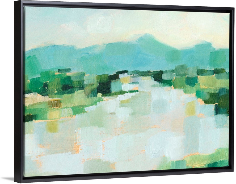 Contemporary landscape painting with short brushstrokes in a variety of greens.