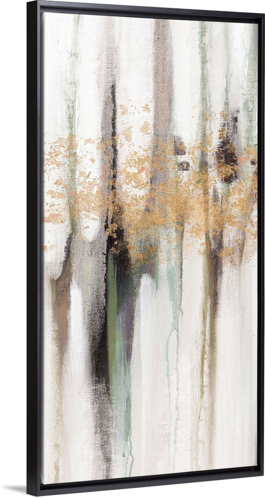 Contemporary abstract painting using tones of pale gray and gold splashes of color.
