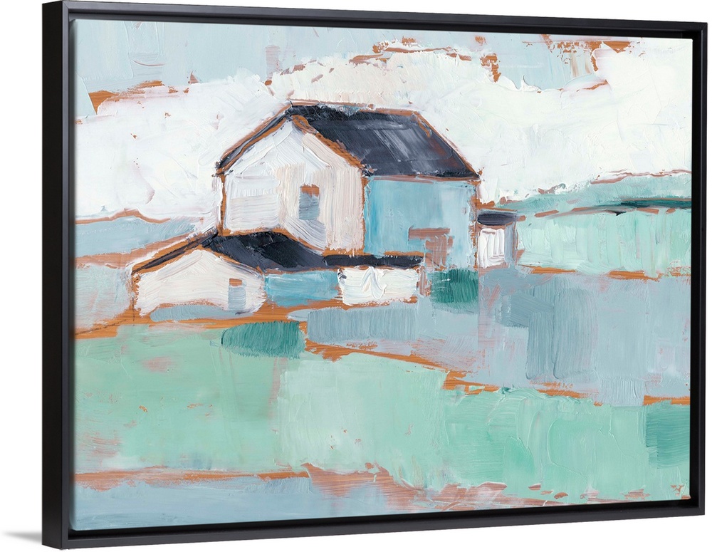 A blocky, contemporary image of a simple white building in fields of green and blue.