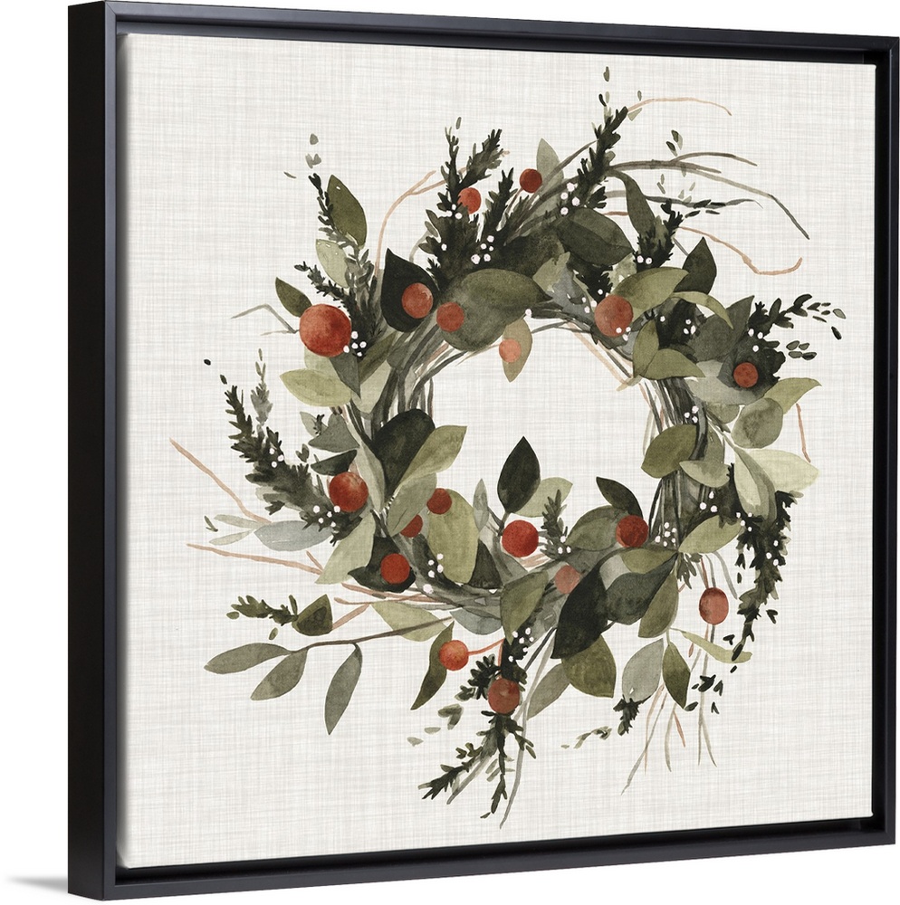 A decorative farmhouse wreath of holiday greenery and berries on a linen background.