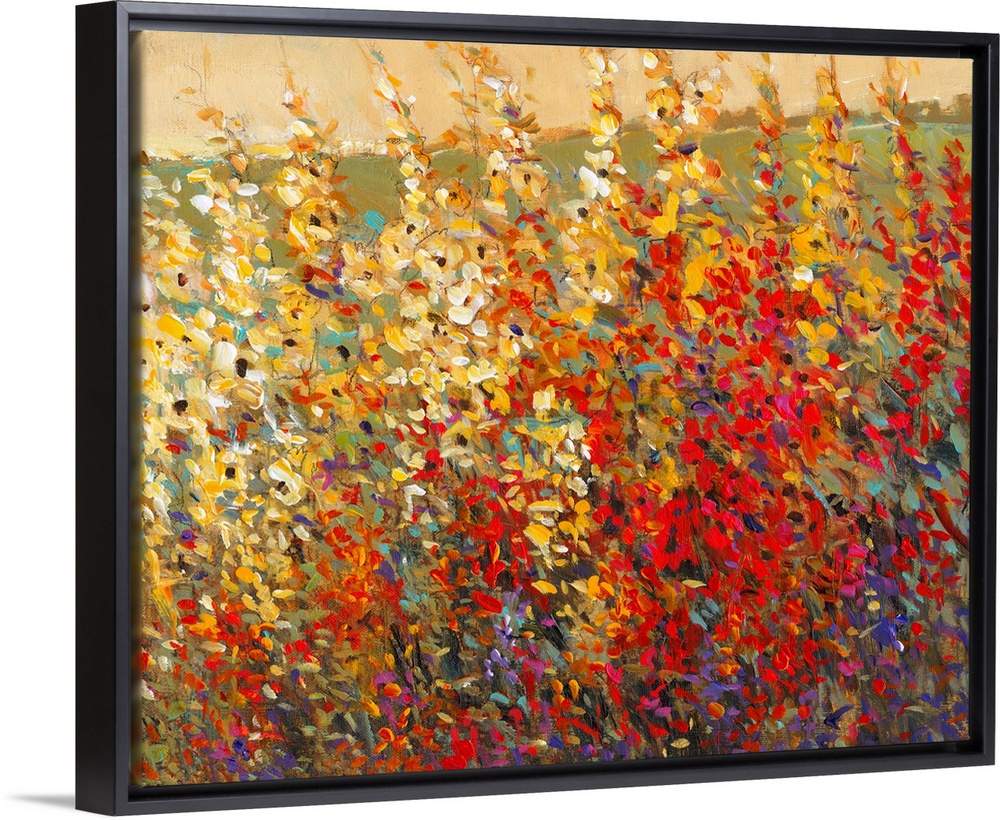 A glorious tangle of wildflowers in warm yellow and red tones. This modern painting in the impressionist style image featu...