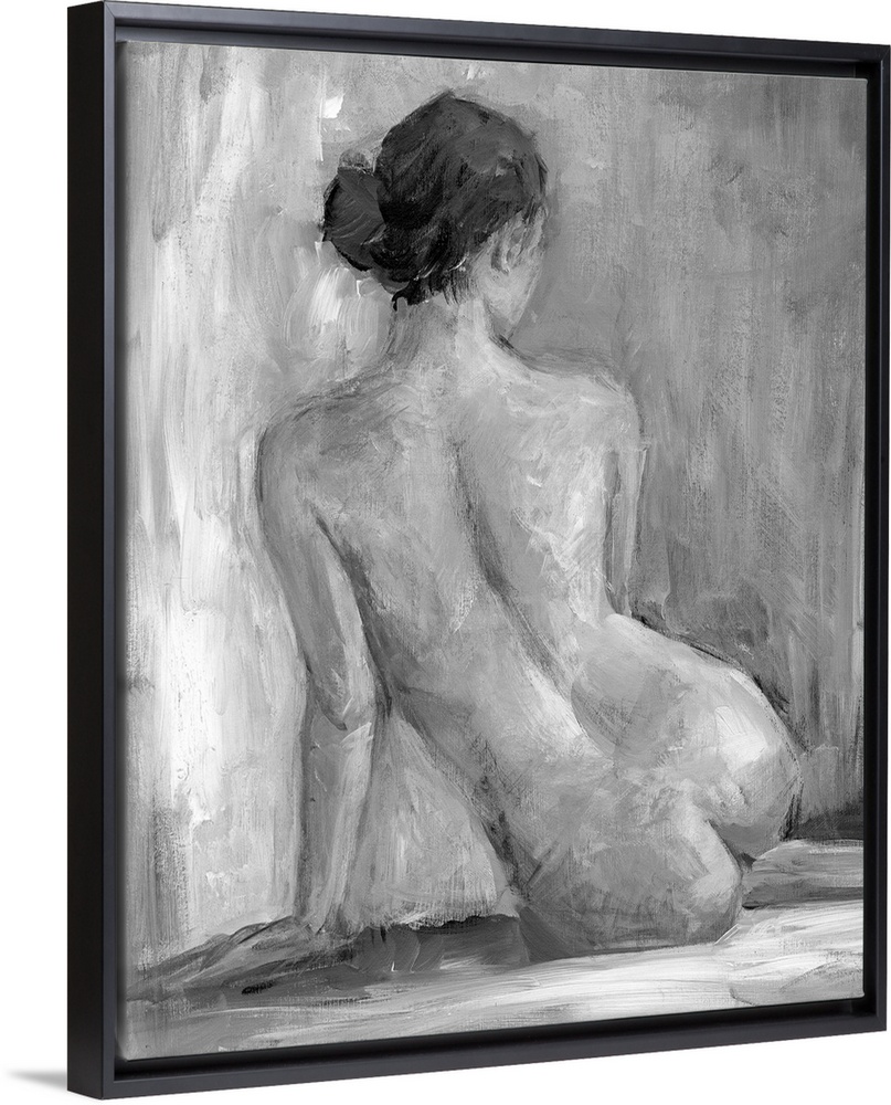 Nude portrait of the back of a seated woman. Her back to the artist the lady stares off into the distance as she supports ...