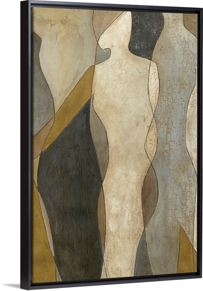 Contemporary abstract painting of the silhouettes of two people with layered patterns of neutral tones.