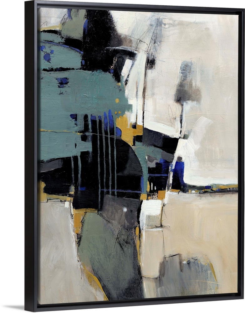This vertical contemporary painting is an abstraction of dark shapes contrasting with a light background and small dribble...