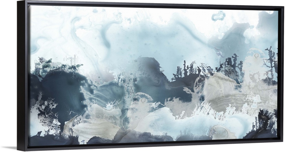 Horizontal abstract painting of blended blue tones of watercolor.