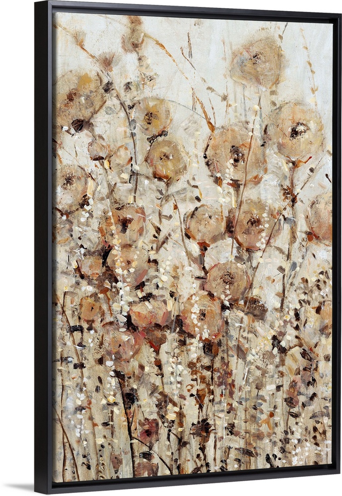 Contemporary painting of abstracted wildflowers in various brown hues.