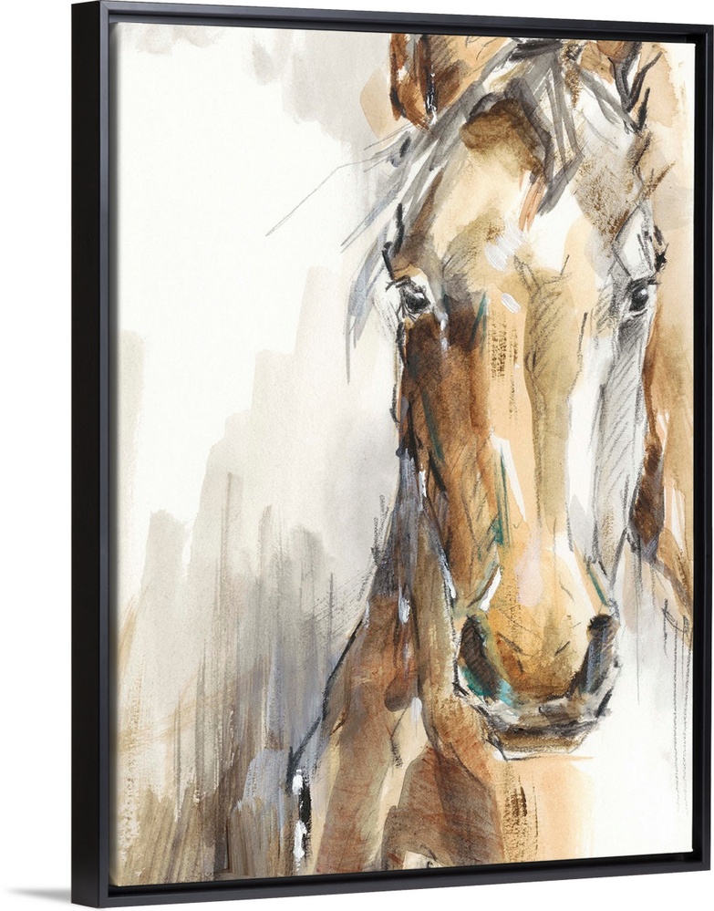 Beautiful artwork of a tan horse in a loose, sketchy, watercolor style. This elegant image would compliment a farmhouse or...