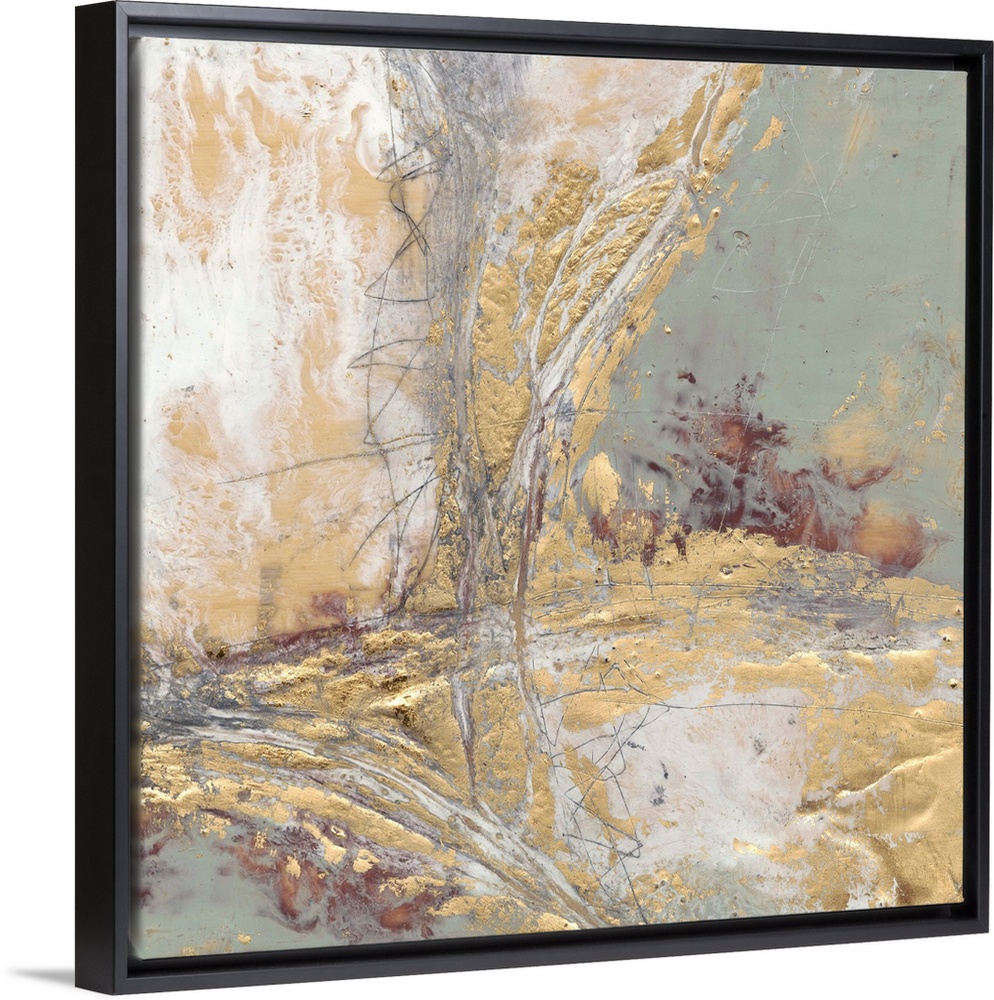Contemporary abstract painting with gold and grey.