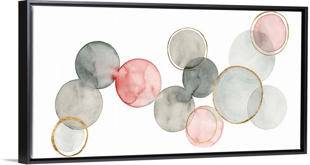 Contemporary abstract painting with watercolored circles connecting together in shades of gray and pink, with metallic gol...