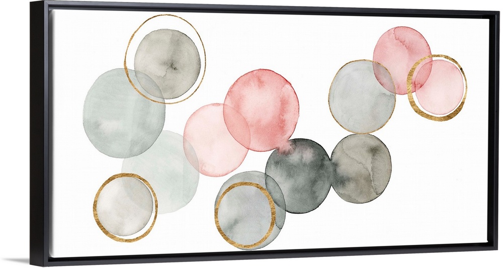 Contemporary abstract painting with watercolored circles connecting together in shades of gray and pink, with metallic gol...