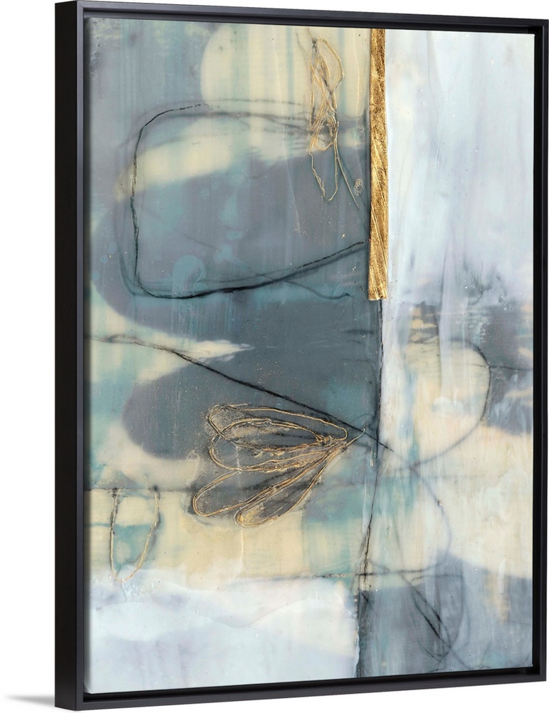 Whimsical contemporary abstract collage in grey-blue and gold.