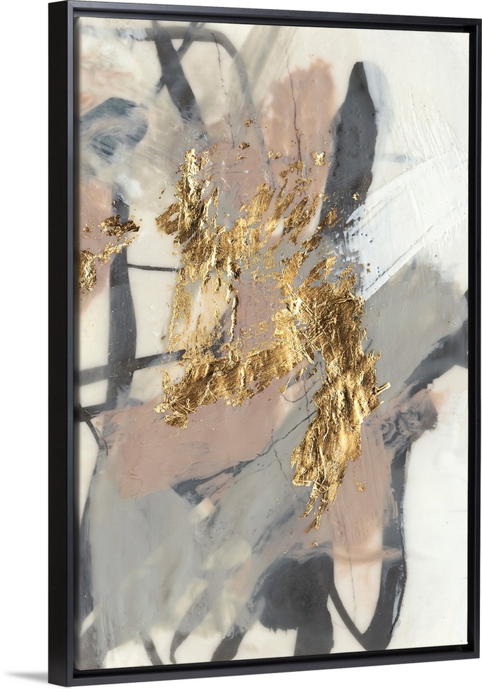 Abstract of chaotic brush strokes of gray, black and beige in washed out shaded on a cream background with metallic gold a...