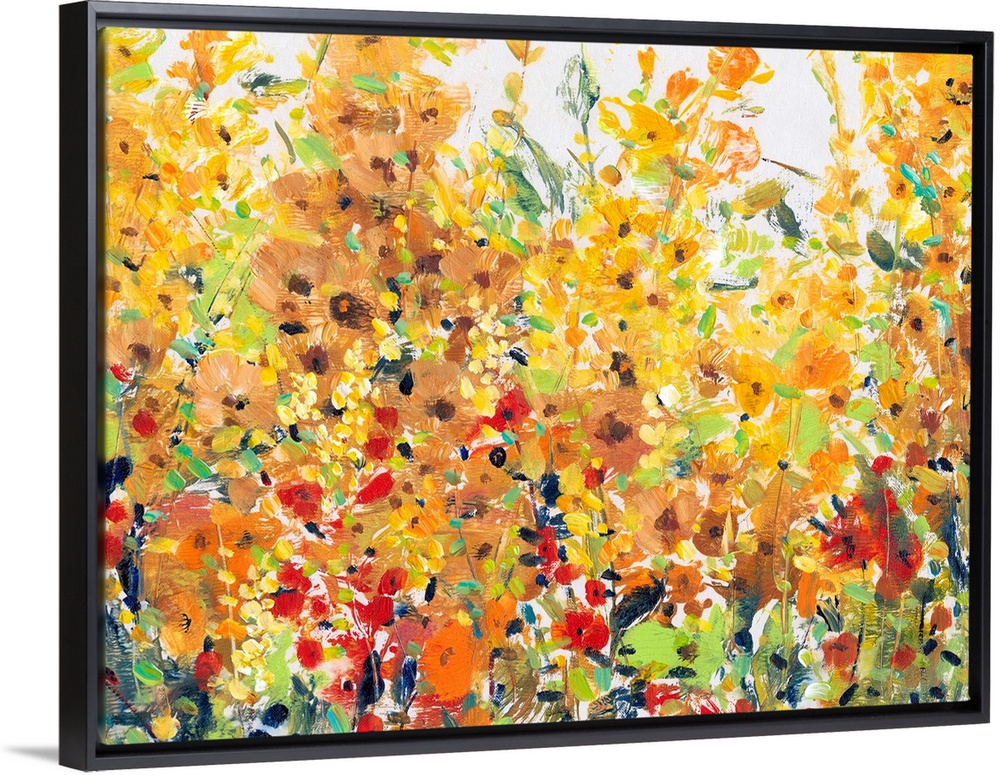 Contemporary painting of a summer garden full of blooming orange and yellow flowers.
