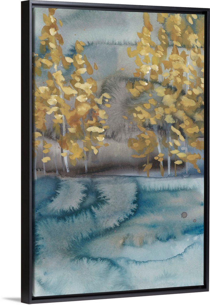 Abstract watercolor landscape in blue and gray with golden trees.