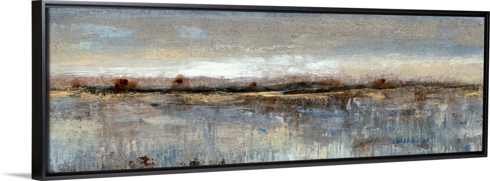 This long, panoramic abstract painting is reminiscent of a coastal landscape. Impressionist-style brush strokes convey the...