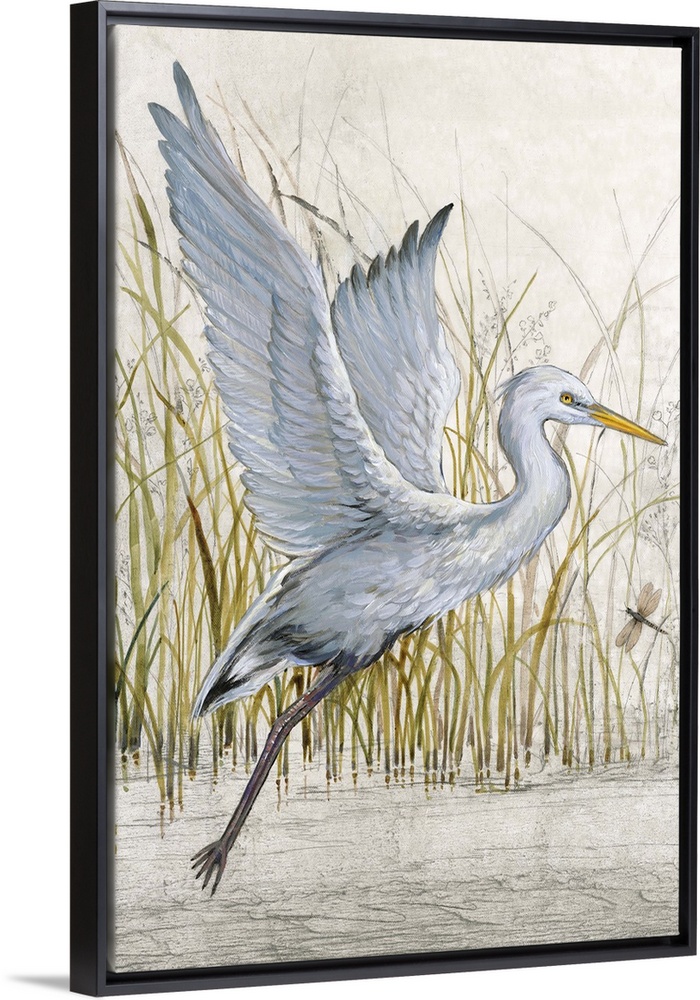 Contemporary artwork of a heron about to take off into flight.