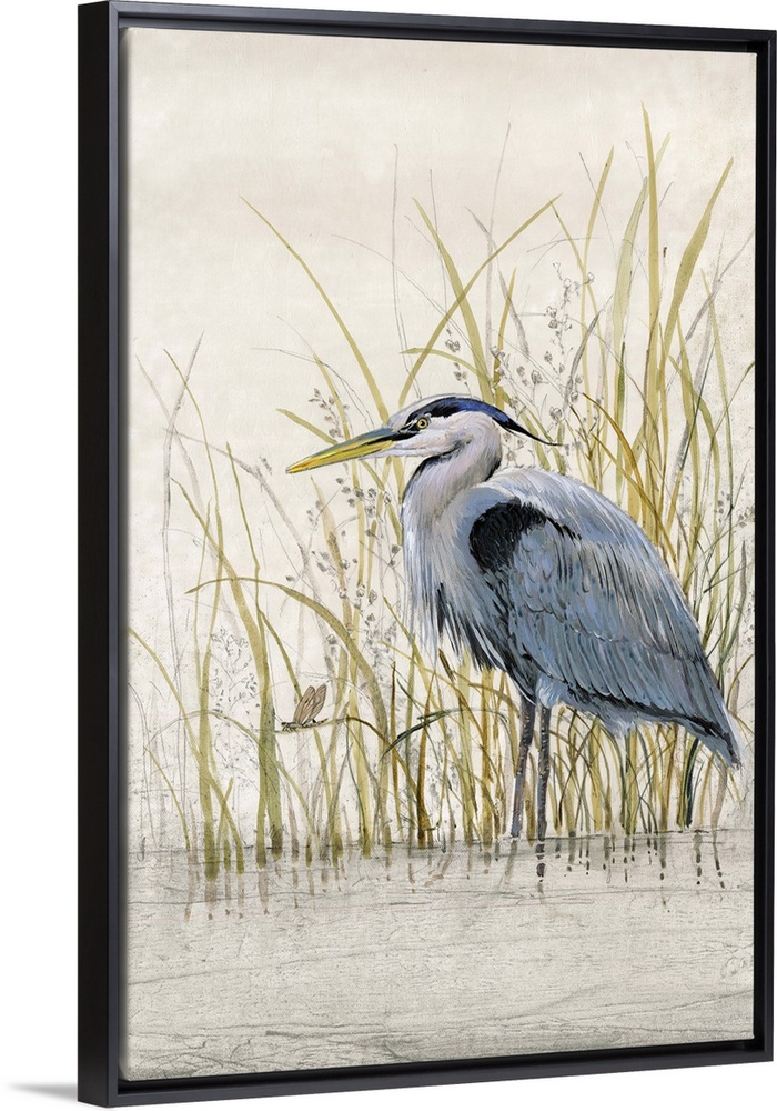 Contemporary artwork of a heron standing in shallow water among tall grass.