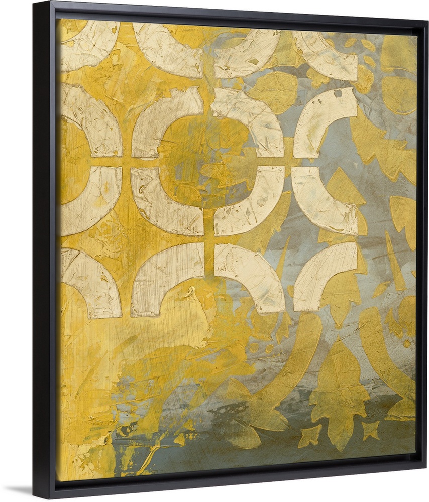 Vertical, giant, contemporary wall painting of harsh, thick, yellow brush strokes on a grey background, with cream colored...