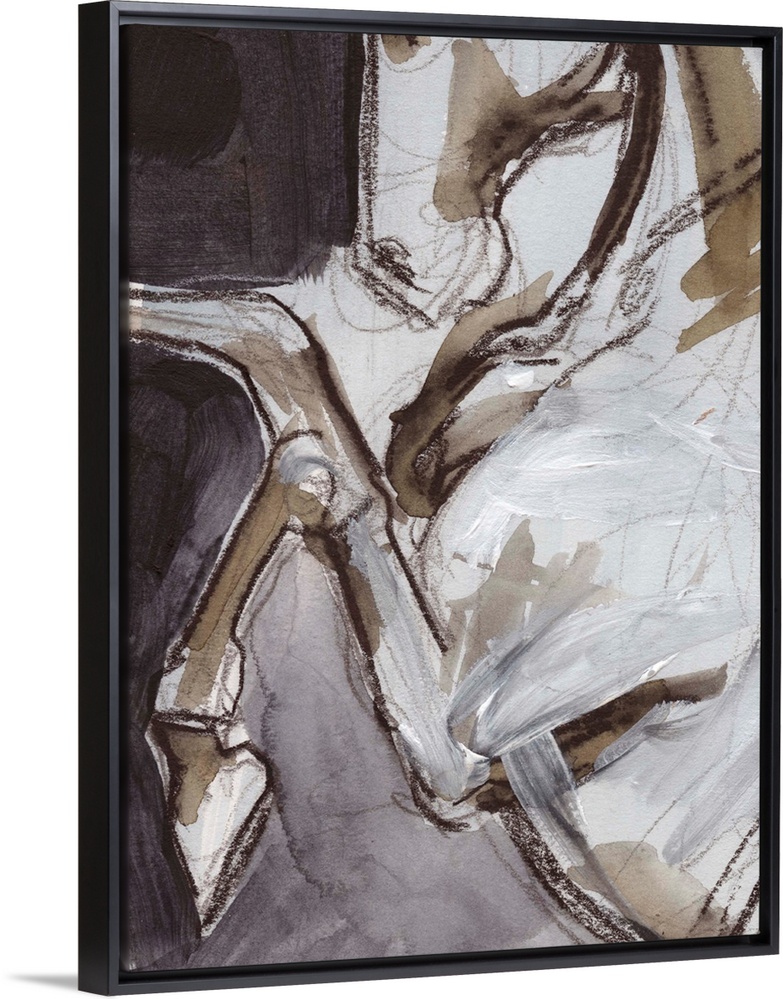 Abstract figurative painting of the close up view of a horse done in brown and white paint with sketched black lines overl...